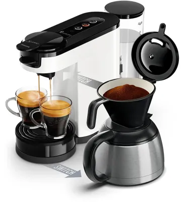 Produktbild von Philips Senseo® Switch 2-in-1 Pad und Filter Kaffeemaschine mit Thermo Kanne + Intensitätsregler, Weiß (HD6592/04)