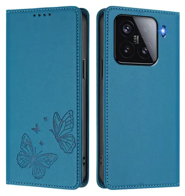 Produktbild von Lederhülle für Xiaomi 15, Schmetterling Prägung Leder Brieftasche Schutzhülle mit Ständer Blau