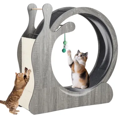 Produktbild von Katzenlaufrad - Katzenlaufband für Wohnungskatzen - Holz - Leise - Durchmesser 85 cm - Abnehmbarer Teppichbelag - Grau