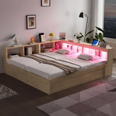 Produktbild von Flieks Hydraulisches Schlafsofa Holzbett 90x200cm/180x200cm mit Staufächern, Tagesbett Daybed mit Ladefunktion und Led, Naturbelassen