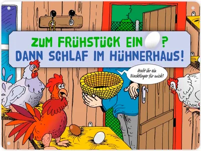 Produktbild von Ein Ei zum Frühstück - dann schlaf im Hühnerhaus Comic Metallschild XL in 21x28