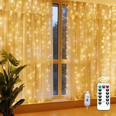 LED-Lichtvorhang 3x3 m, 300 warmweiße LEDs, 8 Modi, IP65