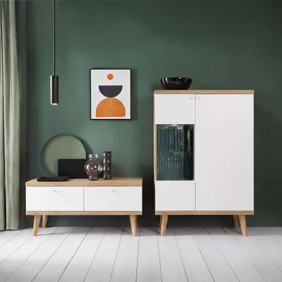 Produktbild von Wohnmöbel Set in Weiß mit Eiche, Highboard mit LED-Beleuchtung & Lowboard, modernes Retro-Design, 2-teilig - POSITANO-160
