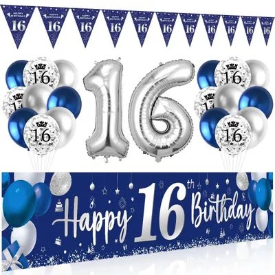 16. Geburtstag Deko-Set: Banner, Folienballon, Girlande, Ballons