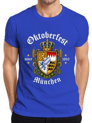 Imagen del producto de de Múnich, 1810. Escudo de Baviera. "Wiesn" (apodo de la ). Corona. Lederhosen (pantalones de cuero tradicionales). León. Camiseta para hombre, azul, talla XL