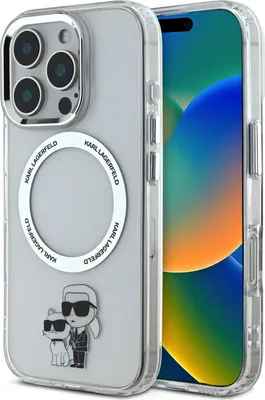 Immagine prodotto di Karl Lagerfeld, custodia MagSafe per iPhone 16 Pro design Karl & Choupette, trasparente