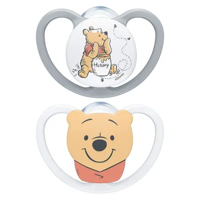 Two Winnie the Pooh themed pacifiers.