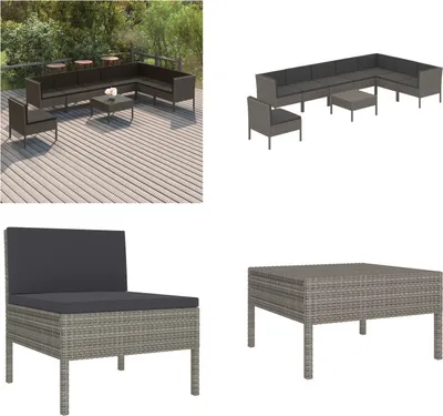 Produktbild von vidaXL 9 tlg. Garten Lounge Set mit Auflagen Poly Rattan Grau - Garten-Sofagarnitur - Garten-Sofagarnituren - Gartensofa-Set - Gartensofa-Sets