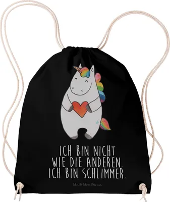 Produktbild von Mr. & Mrs. Panda Beutel Einhorn Herz - Schwarz - Geschenk, gymnastiktasche, Drawstring Bag, sporttasche klein, Unicorn, Jutebeutel, Lustig, Einhörner, wander rucksack