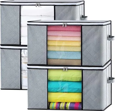 Produktbild von Unyqoos® 4er-Set faltbare Aufbewahrungsboxen 84 L mit Deckel, verstärktem Tragegriff, Reißverschluss-Organizer & Sichtfenster – 60 x 40 x 35 cm, für Bettdecken, Kissen, Kleidung