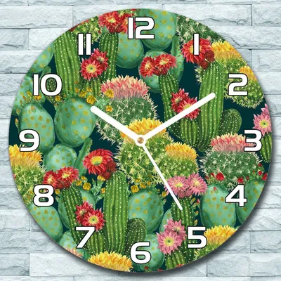 Produktbild von Wanduhr aus Glas Rund fi 30 Farbenfrohe Kakteen Quarz Deko Wohnzimmer Büro