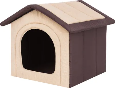 A beige and brown foldable dog house is shown against a white background.