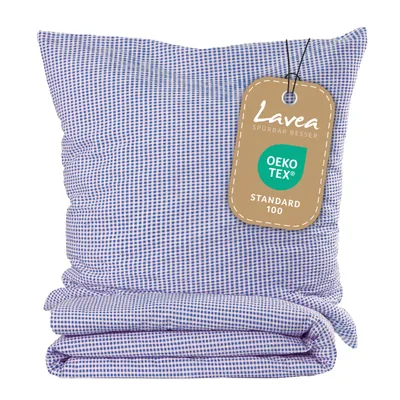 Produktbild von Lavea Seersucker Bettwäsche Set Karo, Landhaus Blau, 100% Baumwolle, Bügelfrei, 135 x 200 cm Bettbezug + 80 x 80 cm Kissenbezug, kariert