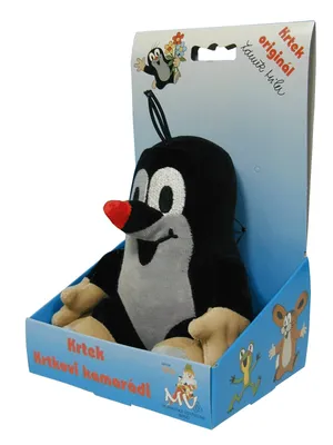 A plush toy mole in its packaging.