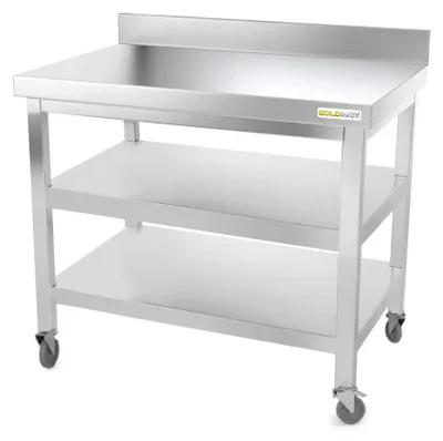 Imagen del producto de Mesa de trabajo de acero inoxidable de 1000 x 500 mm, montada en pared, con 2 estantes con ruedas, modelo PREMIUM - GOLDINOX