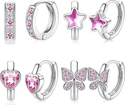 Produktbild von Kleine Creolen Set Silber Zirkonia Herz Stern Schmetterling Kinder Ohrringe Mädchen