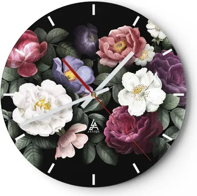 Produktbild von Wanduhr - Rund - Glasuhr - Blumen Blumenstrauß Komposition - 40x40cm - Schleichendes Uhrwerk - Lautlos - zum Aufhängen bereit - Dekoration Modern - Wanddekoration aus Glas - C3AR40x40-5032