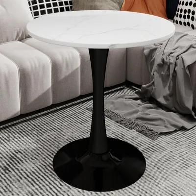 Produktbild von MODFU Couchtisch im Mid-Century-Modern-Stil,Beistelltisch Wohnzimmertisch mit runder Marmorplatte(70 cm Durchmesser),Sofatisch mit hohen Beinen und rundes Tischdesign,Weiß+Schwarz