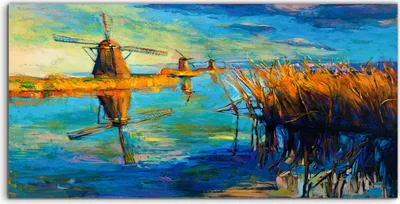 Produktbild von Coloray - Glasbild - 120x60 cm - Wandbild - Glasbilder - Deko Malerei Windmühlen Wasser Gras