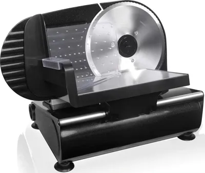 A black electric slicer on a white background.