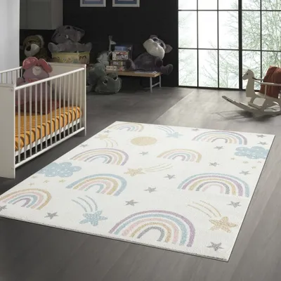 Produktbild von Kinderzimmer Teppich weicher Flor pastellfarbene Details Größe - 200 x 280 cm