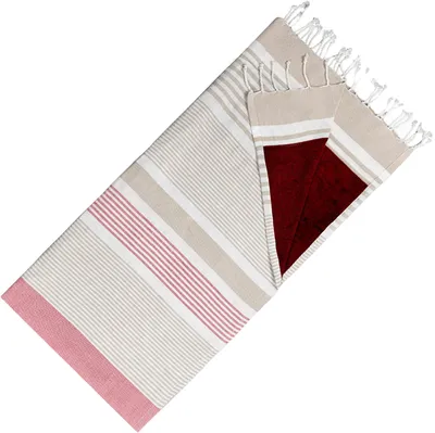 Produktbild von Hamamtuch Doppelseitiges Kikoy-Tuch & Frottee – Trendiges Hamamtuch – 100 % Baumwolle – 95 x 175 cm – Beige-Burgund