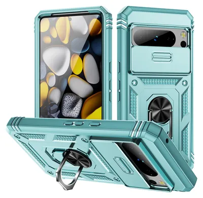 Multiple views of a teal-colored phone case with a camera cover and ring holder.