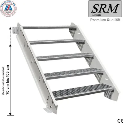 Produktbild von 5 Stufen Stahltreppe Weiß Breite 160 cm Geschosshöhe 70 - 105 cm ohne Geländer