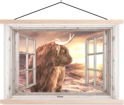 Produktbild von MuchoWow® Textilposter Schottisches Hochlandrind - Aussicht - Sonnenuntergang 60x40 cm mit holzfarbenen Rahmen - Bilder