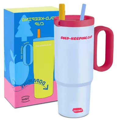 Image de Gobelet isotherme - 750 ml (26 oz) avec paille et anse - Gobelet en acier inoxydable à double paroi, isolant, étanche - Bleu