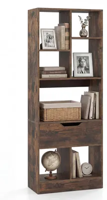 Produktbild von COSTWAY Bücherregal mit 7 Fächern & Schublade, Bücherschrank Holz Raumteiler, offenes Standregal mit Kippschutz, Ausstellungsregal 50x24x130 cm, Braun