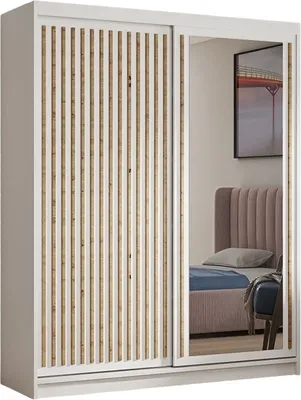 Image de Armoire Dora avec lamelles et miroir 160 cm, 2 portes coulissantes incluses Armoire à portes coulissantes (couleur : blanc, blanc, lamelles artisan)