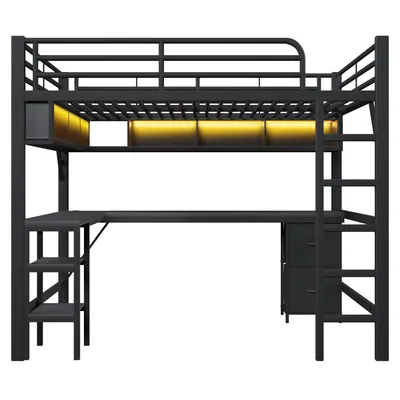 Produktbild von Merax Etagenbett Hochbett 140x200 mit Schreibtisch, Bücherregal, Schublade, Regale, USB, LED, Metall Gaming Kinderbett, Stockbett, Jugendbett, Schwarz