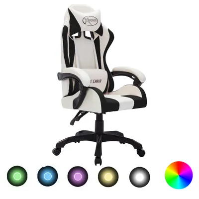 Obrázek produktu pro nastavitelná kancelářská židle, herní židle s RGB LED osvětlením, bílá a černá umělá kůže, odolná a pohodlná