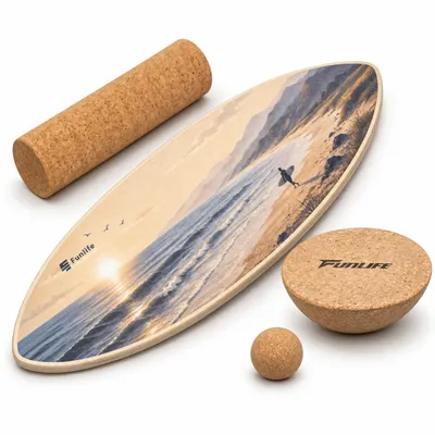 Imagen del producto de Conjunto avanzado de tabla de equilibrio 3 en 1 FunLife, con 3 tapetes de corcho, una tabla de madera de abedul de 80x30 cm con rodillo de corcho, cúpula y esfera, y 3 tipos de entrenamiento: "OCEAN BREEZE", Imagen generada por IA