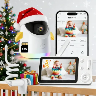 Obrázek produktu pro 5" dětská chůvička s kamerou a aplikací Video chůvička WLAN RGB noční světlo Automatická detekce pohybu Detekce vína Noční vidění s držákem a 64G