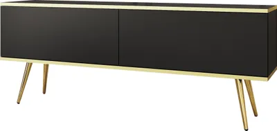 Image de Armoire TV Rodi - Meuble TV avec 2 abattants, pieds - TV Lowboard 135 cm, Salon, PUSH TO OPEN (Noir + Or)