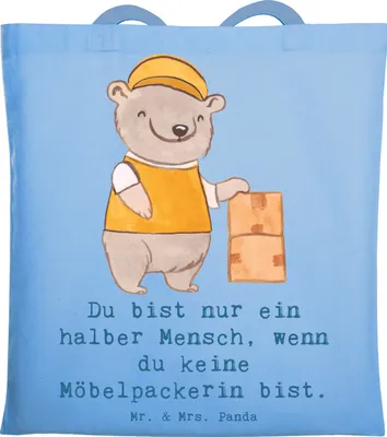 Produktbild von Mr. & Mrs. Panda Tote Bag Möbelpackerin Herz - Sky Blue - Geschenk, Shopping Tasche, Umzugsservice, Lustig, Stoffbeutel, Jutebeutel, Umzugsfirma, Schultasche, Spruch