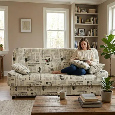 Produktbild von Schlafsofa SARA Spring – mit Schlaffunktion und Bettkasten, Webstoff in Schwarz-Weiß, Family Meble, KI-generiertes Bild