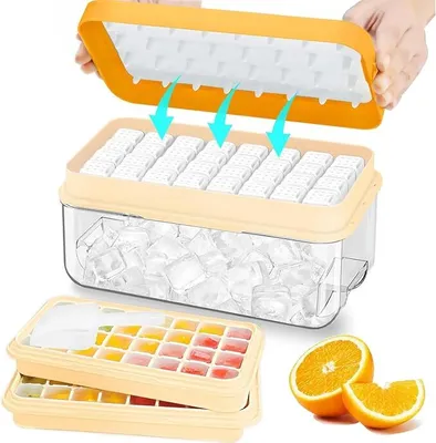 Produktbild von Eisaufbewahrungsbox, Eiswürfelschalen-Set mit 64 Fächern, mit Eisschaufel, Schale, Eiswürfelformen, (Orange)