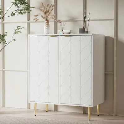 Produktbild von Sideboard Weiß 75Bx40Tx90H (3 Einlegeböden, 6 Fächer) mit 2 Türen,Kommode,Flurschrank ergoldete Füße und Griff, lackiert,stoßsicheres Eckdesign