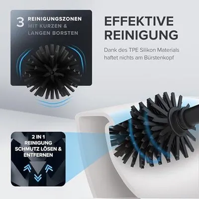 Produktbild von 3-in-1 Toiletset in schwarz | Einsetzbares Toiletborstelset mit silikonischem Borstelkopf, Toiletrollhalter und Smartphonehalter Raumbewahrend | Eleganter Badkamerorganizer aus Edelstahl
