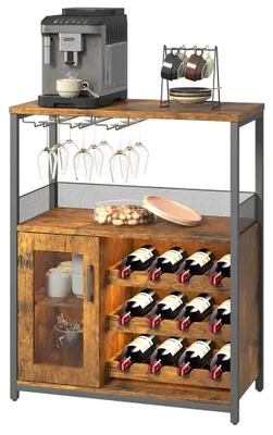 Zdjęcie produktu dla Przemys?owa szafka na wino, wolnostoj?ca, z drzwiami z siatki šC wyjmowana pš®?ka na wino i uchwyt na kieliszki šC kredens/bufet barowy do salonu/kuchni