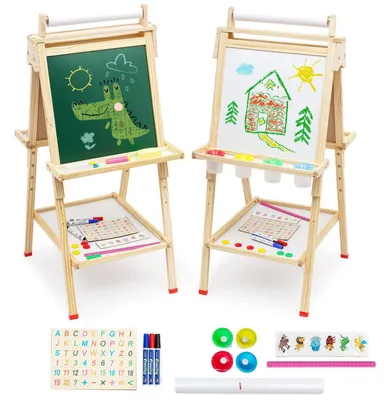 Productafbeelding van Omgoods - Kinderschildersezel met Papierrol - Dubbelzijdig Whiteboard en Schoolbord voor Kinderen