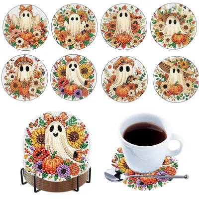 Obrázok produktu pre Sada 8 podtáckov s držiakom na diamantovú maľbu, motív: Halloween, duchovia, 5D kreatívna sada, jesenná dekorácia