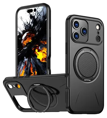 Zdjęcie produktu dla Etui na telefon iPhone 17 Pro z wbudowaną podstawką 360°, odporne na uderzenia, antypoślizgowe, etui z tworzywa PC, czarne