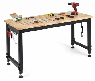 Image de Établi COSTWAY 122 cm pour charges lourdes, table de travail réglable en hauteur avec structure métallique, panneau perforé, prise électrique et plateau en bois massif de 2,5 cm d'épaisseur, capacité de charge jusqu'à 900 kg