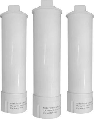 Three white water filters are arranged vertically in a row against a white background.