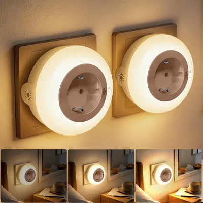 Produktbild von Bzavor LED Nachtlicht Steckdose mit Dämmerungssensor, 4 Einstellbare Helligkeitsstufen, ON/OFF/AUTO Modi, Steckdosenlicht Helligkeitssensor,Nachtlicht Steckdose Kinder, Nachtlampe Steckdosenlampe – Gr