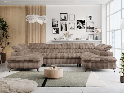 Produktbild von Ecksofa U-form, Schlaffunktion, Bettkasten, einstellbare Kopfstützen - PETER U - Cord - Braun